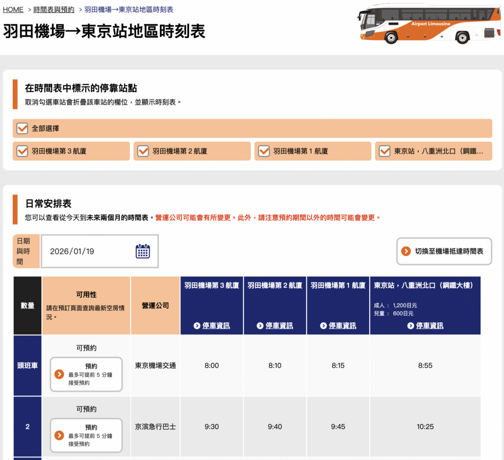 機場巴士(利木津巴士)，羽田機場-東京車站時刻