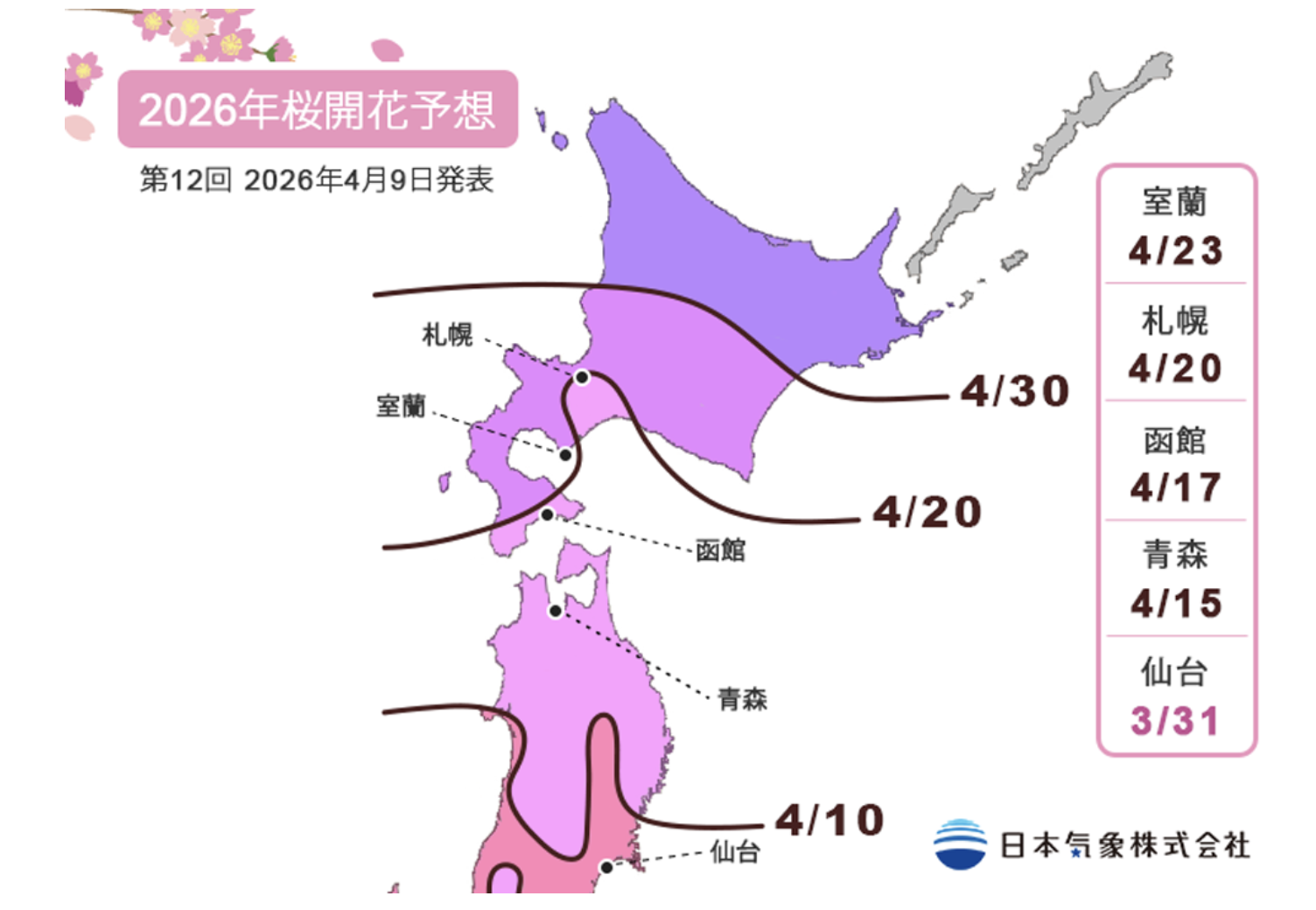 20260409 日本氣象株式會社 sakura forecast 2026 日本氣象株式會社 日本各地櫻前線日期預測